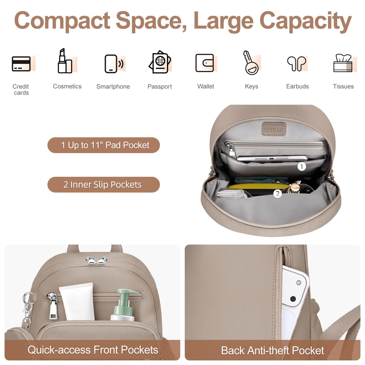 SYTRAH Mini Backpack for Women Small Backpack Purse, Anti Theft Backpack Waterproof Lightweight Puffer Back packs for Travel, Work with Coin Purse Khaki