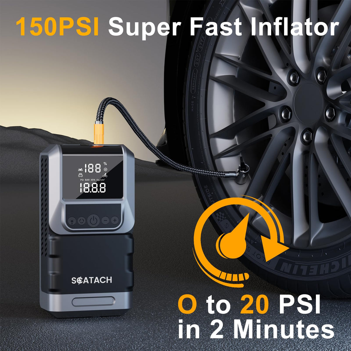 Jump Starter with Air Compressor, 6000A 150PSI Car Battery Jump Starter (10.0 Gas/8.0L Diesel) Battery Jumper Starter Portable 12V Jump Box with Jumper Cables, LED Light, LED Display