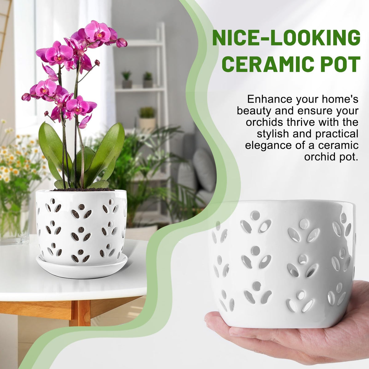 REMIAWY Orchid Pot, 2 Pack Orchid Pots with Drainage Holes and Saucer, 6 Inch and 5 Inch Large Ceramic Planter for Repotting Indoor Plants, Succulent, Decorative, Good Air Circulation, White