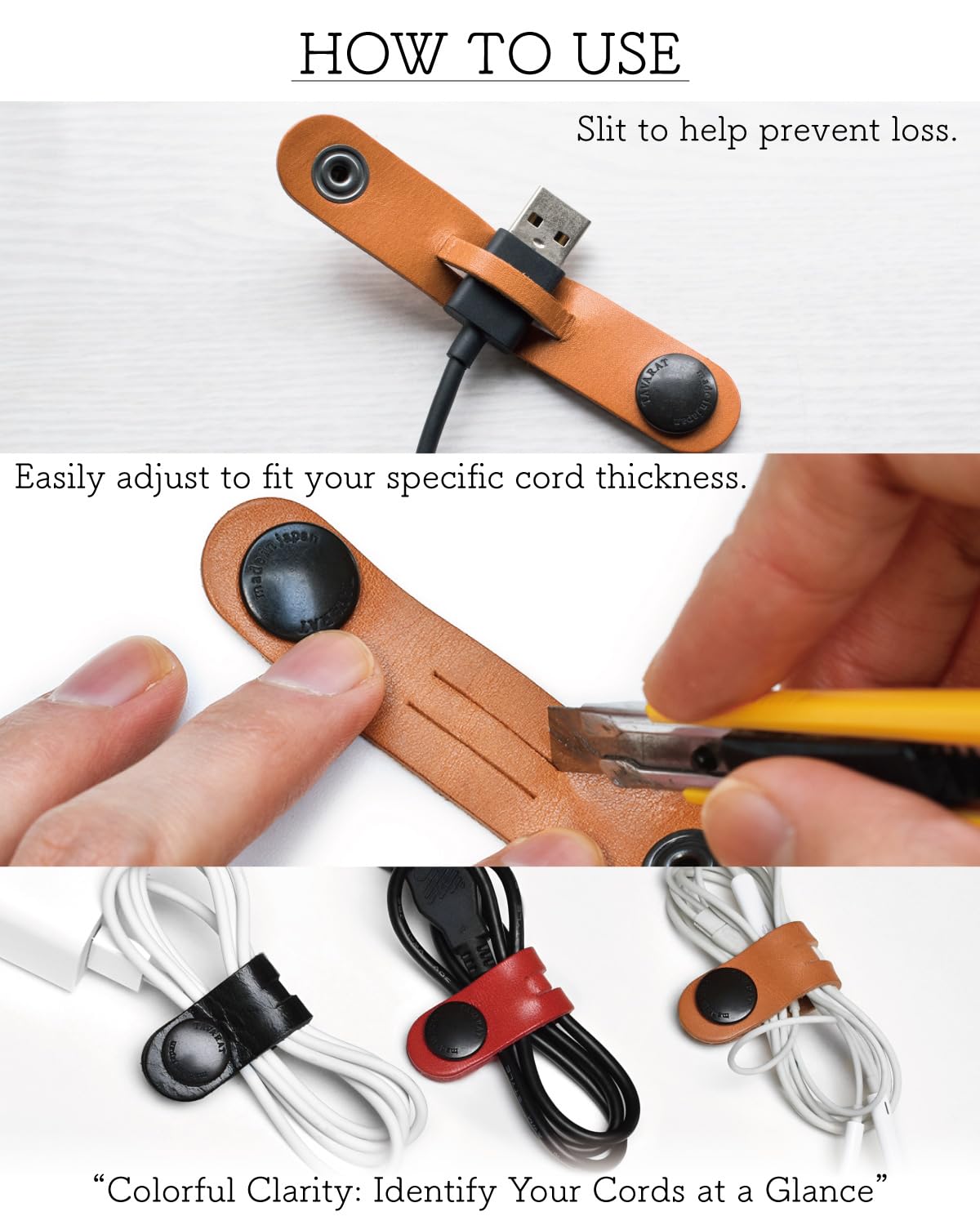 TAVARAT Cord Organizer, Cable Organizer, Charger Organizer, made in Japan, Genuine Leather, Cable Straps, Cable management, Cable Holder (Three-colour set A)