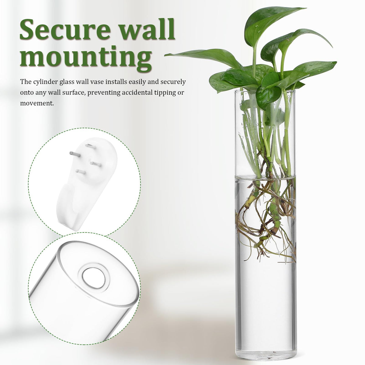 Uonlytech Wall Hanging Glass Vases for Hydroponic Plants, 2pcs Large Cylinder Water Plant Holders, Terrarium Stations for Home Décor and Indoor Garden