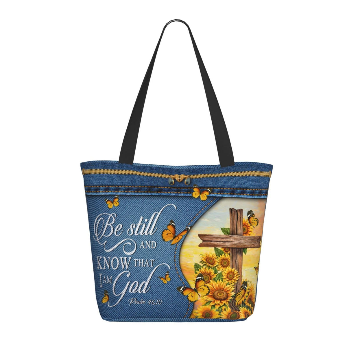 Sunflower Butterfly And Cross Bible Print Tote Bag Christian Gift Bible Women'S Handbag Christian Gifts Zippered Inspirational Tote Bags For Women Bible Verse Shoulder Bag Art Tote For Fit Work