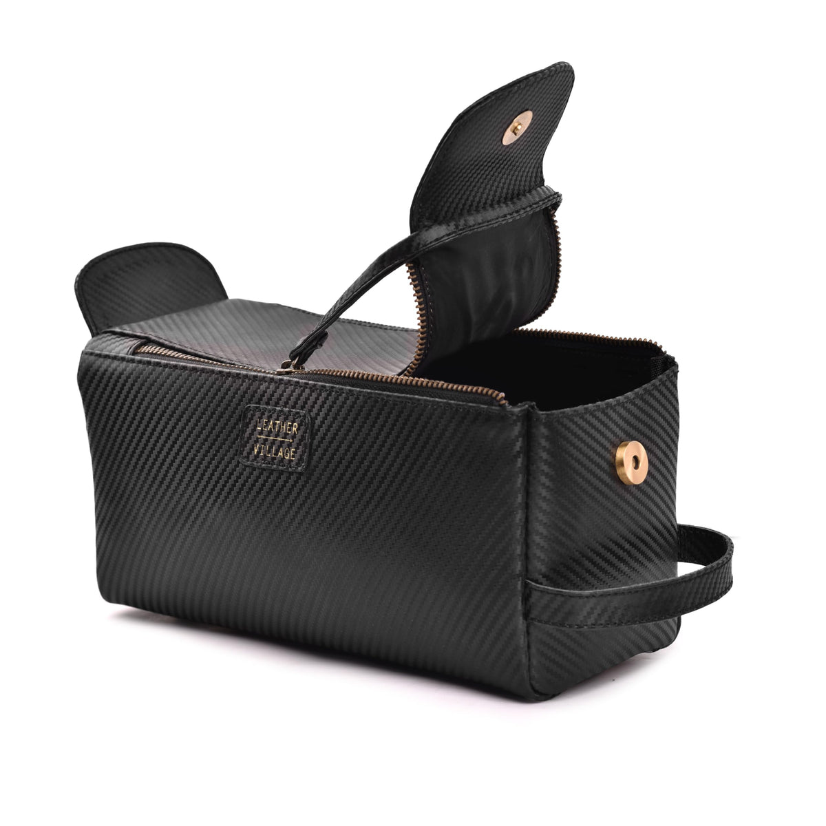 LEATHER VILLAGE Genuine Carbon Fiber Genuine Leather Travel Toiletry Bag - Large Dopp Kit, Water-Resistance Bathroom & Shaving Organizer for Men & Women - Black