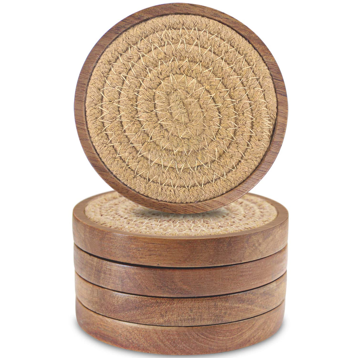 Wood Coasters for Drinks, Eykao Absorbent Coaster Sets of 5, Woven Drink Coasters for Coffee Table, Housewarming Gift for Farmhouse Home Decor,4 inches