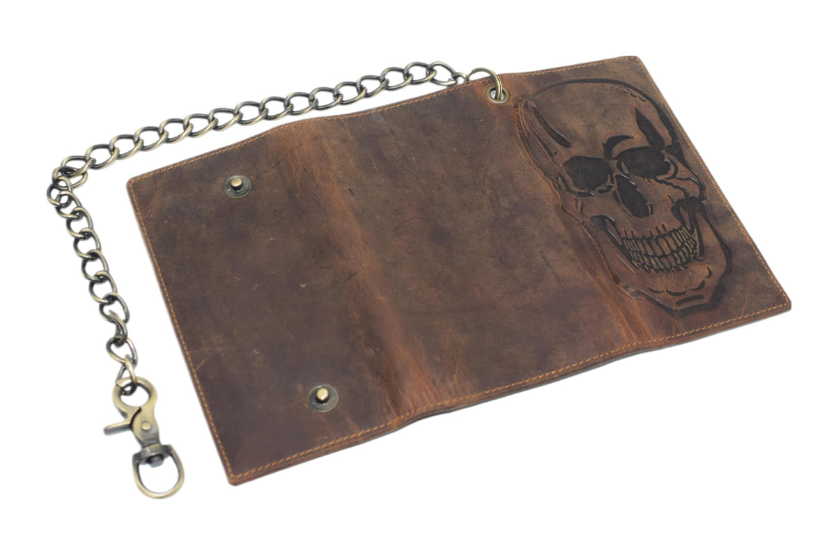 CAZORO Biker Skull Chain Wallet RFID Signal Blocking Men's Vintage Leather Long Tri-fold Chain Checkbook Card ID Wallet (Skull Brown)