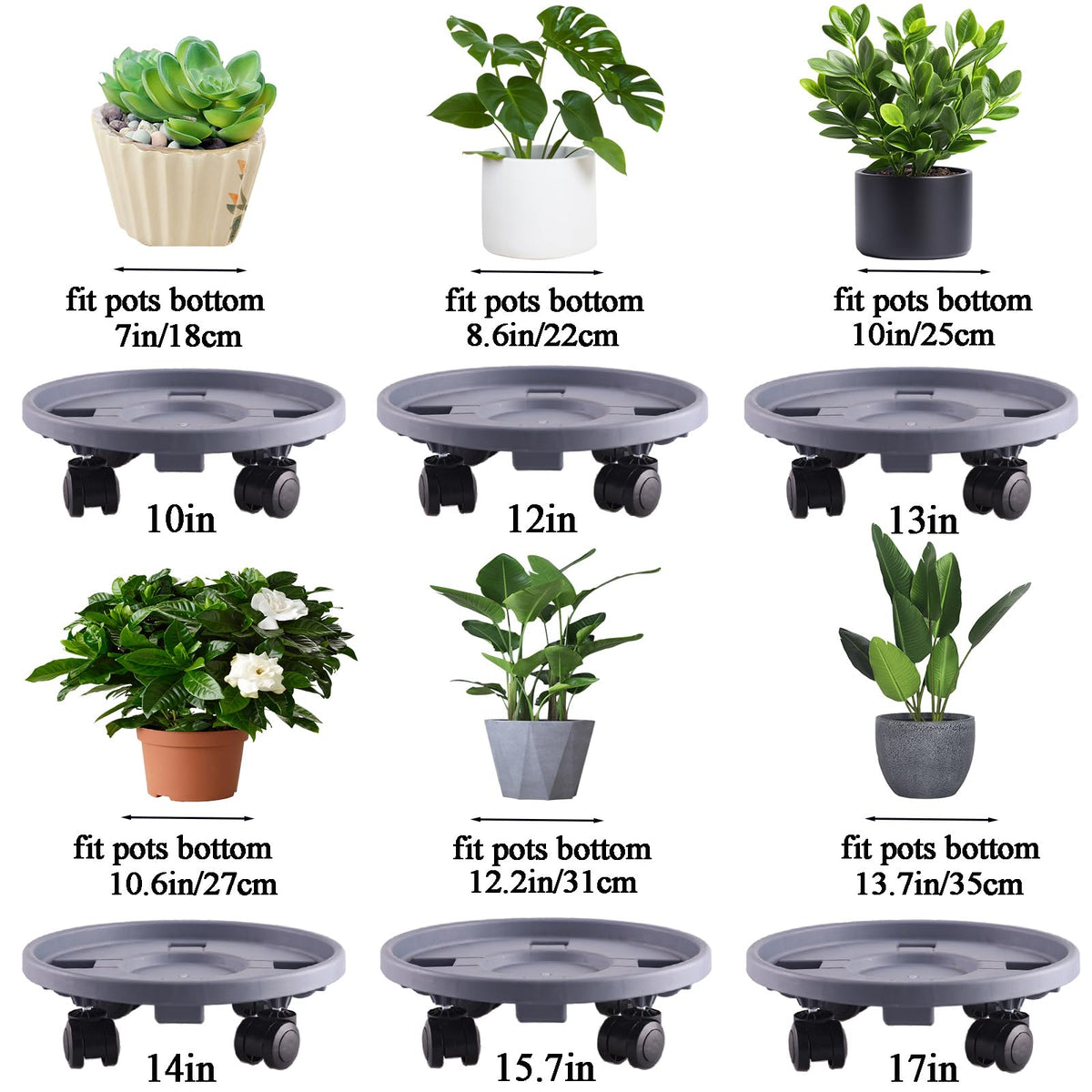 Tulpeed Rolling Plant Stand with Wheels 5 Pack 13 Inch Plant Caddy with Wheels Heavy Duty Plant Dolly Roller Base with Wheels Round Flower Pot Rack Holder Planter Trolley Tray, Grey