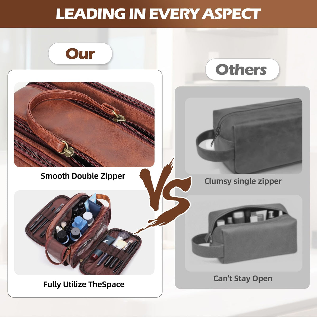 Ecttunafe Engraved Father Day Gifts Toiletry Bag for Men Dad Husband, Custom Initial PU Leather Waterproof Toiletry Organizer Dop Kit Shaving Bag Travel Essentials, Large, Durable, Brown,V
