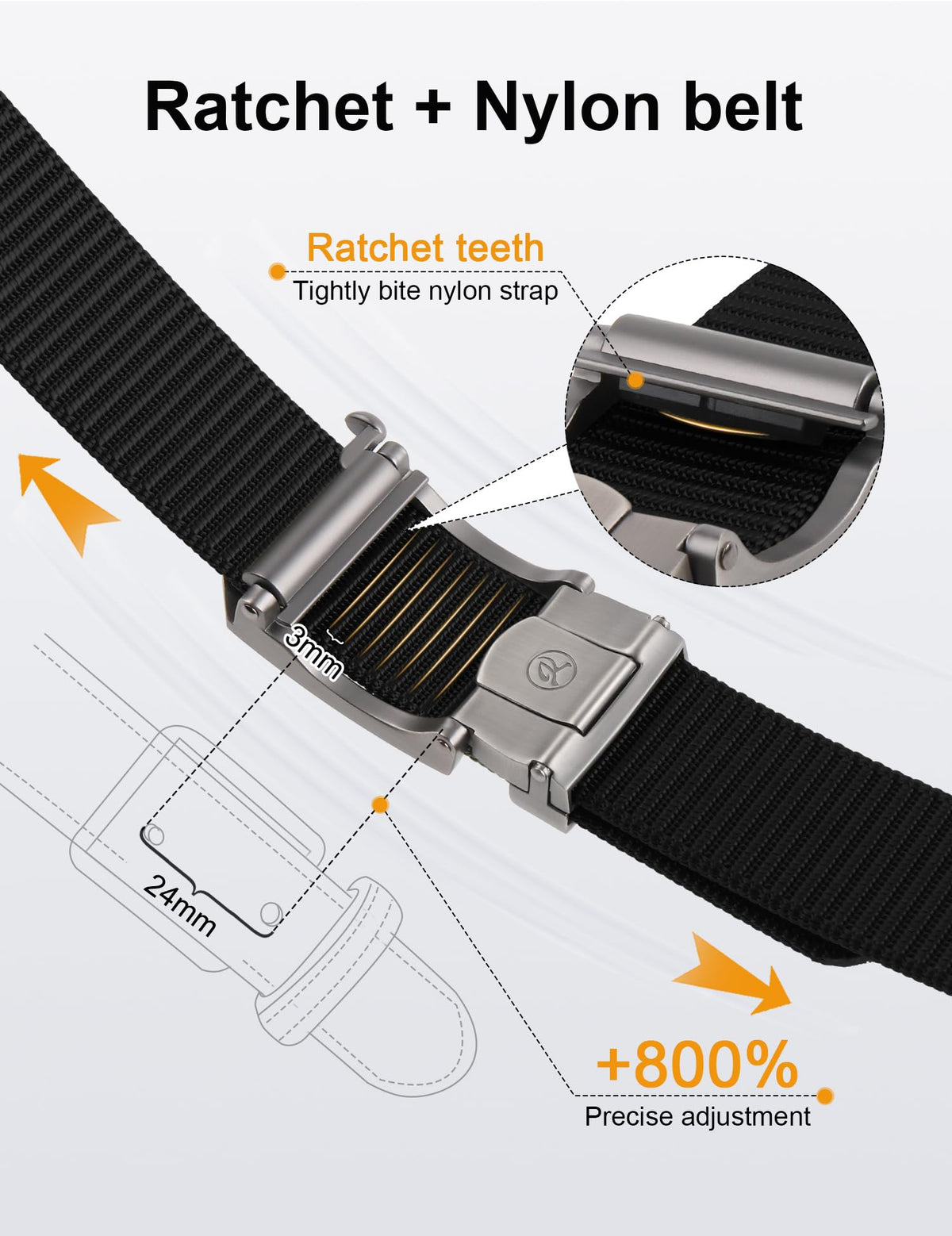 JUKMO Ratchet Belt for Men, Nylon Web Tactical Belt with Automatic Slide Buckle, Adjustable Trim to Fit (Black, For Waist 20"-40" (Length 47"))