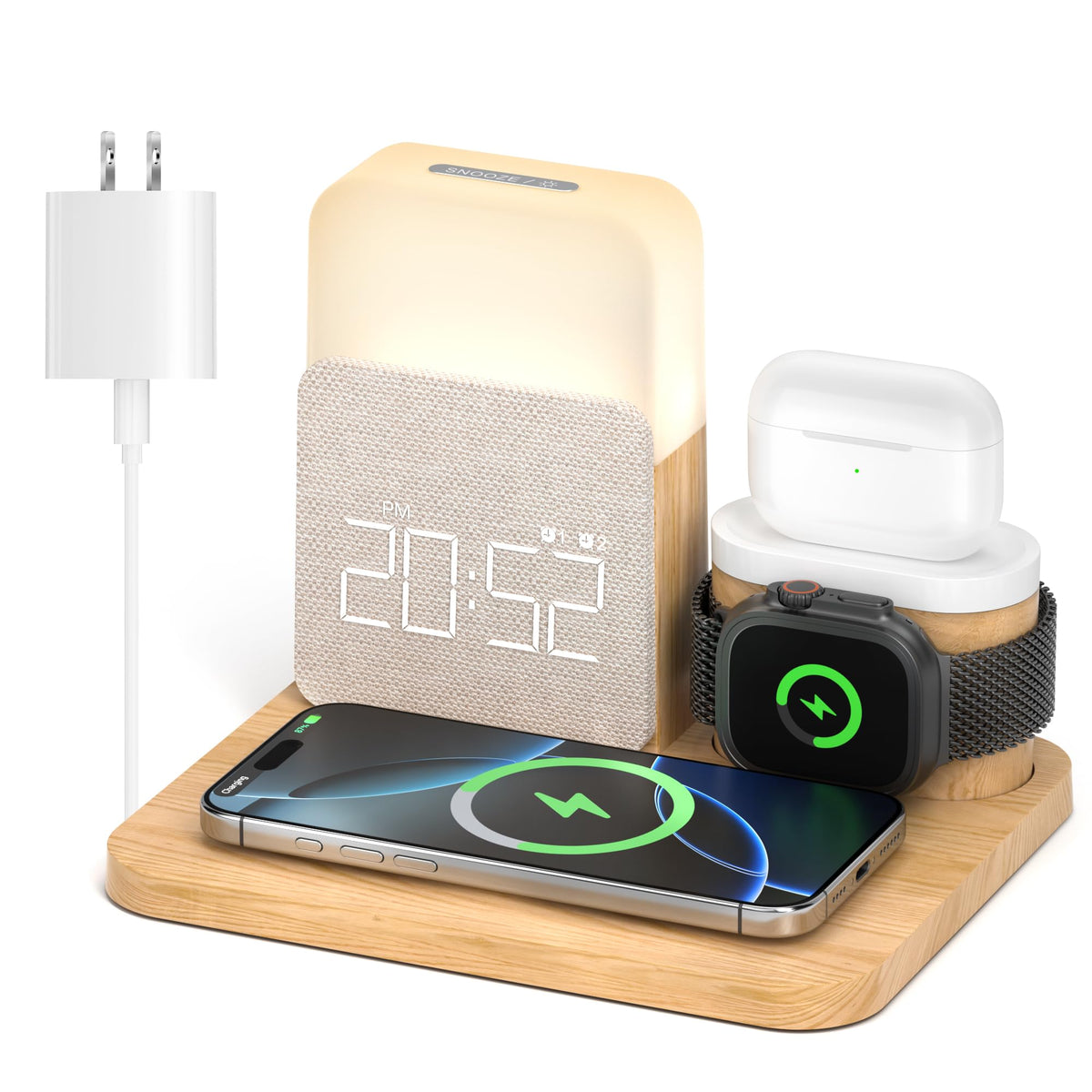 Alarm Clock Charging Station for Bedrooms, 7 in 1 Wireless Charging Station, Magnetic Charger with Night Light Bedside Clock for iPhone 17 16 15 14 13 12 Pro Max, Apple Watch, AirPods (Wood)