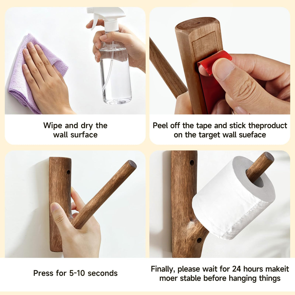 Wooden Toilet Paper Holder Wall Mount - Self-Adhesive Bathroom Tissue Holder, Retro Bohemian Farmhouse Style, No Drilling for Small Spaces Bathrooms RVs and More - Walnut Color