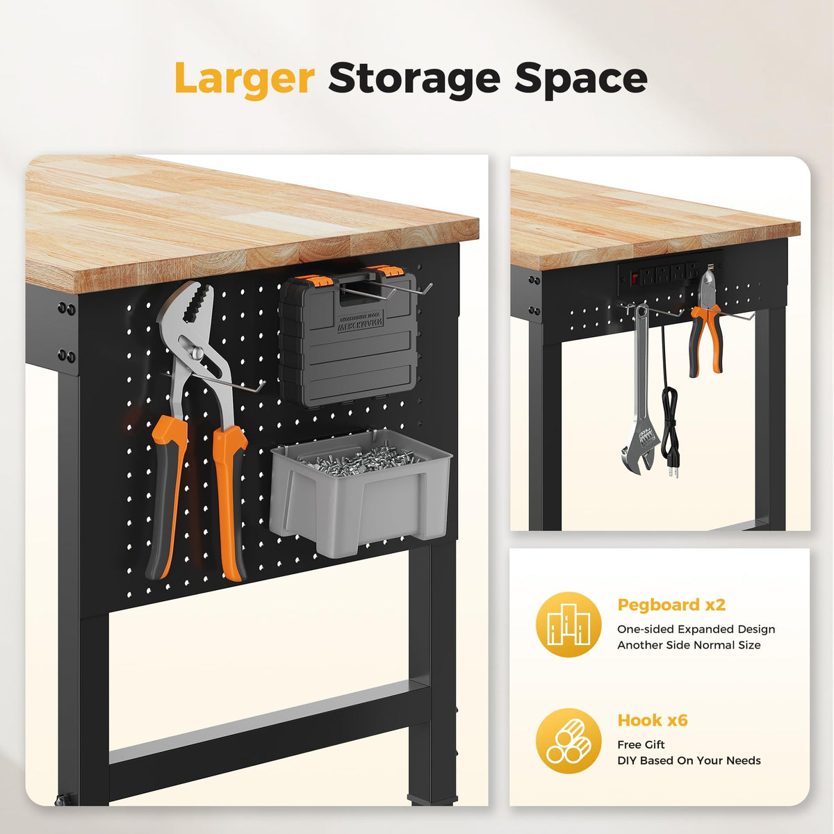 CAMMOO 120" Adjustable Heavy Duty Workbench, 2000 LBS Load Capacity Rubber Wood Work Table with Pegboard, Power Outlets, Work Bench for Garage, Workshop, Office, Home, Commercial, Ships in 2 Boxes