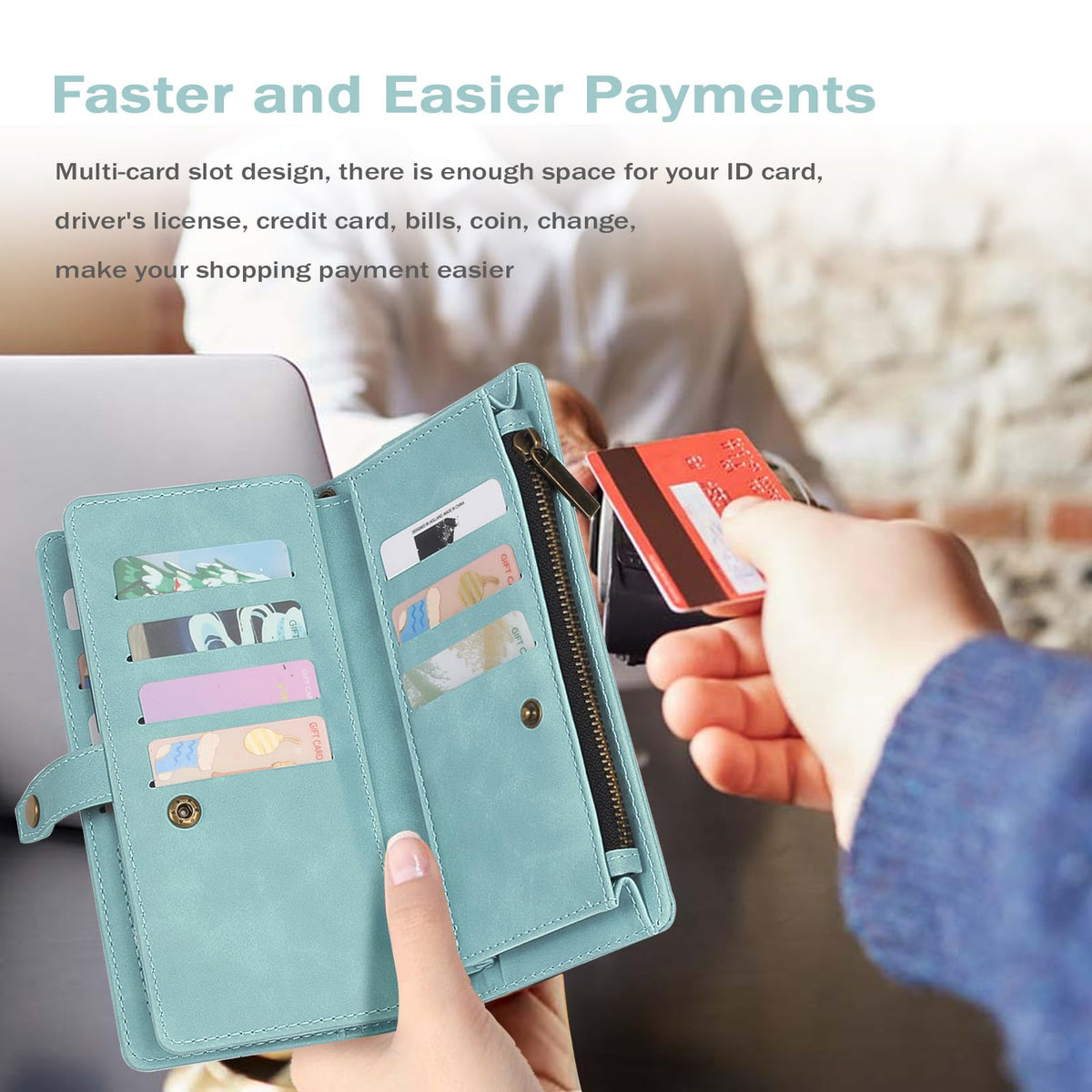 TwoHead for Samsung Galaxy S24 Ultra Wallet Case with Card Holder, Detachable Magnetic Phone Case for S24 Ultra,PU Leather All-Round Protective Phone Case Wallet with Wrist Strap,Blue