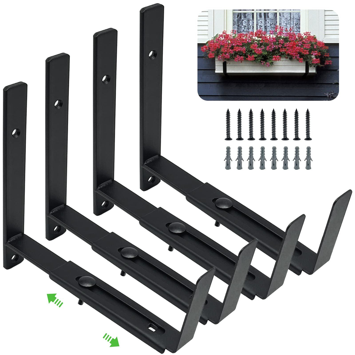Pusonor Adjustable Window Box Bracket 4 Pack, Heavy Duty Planter Box Bracket Flower Box Holder Wall Mount Suitable for Planter Boxes 6 inches to 12 inches Deep