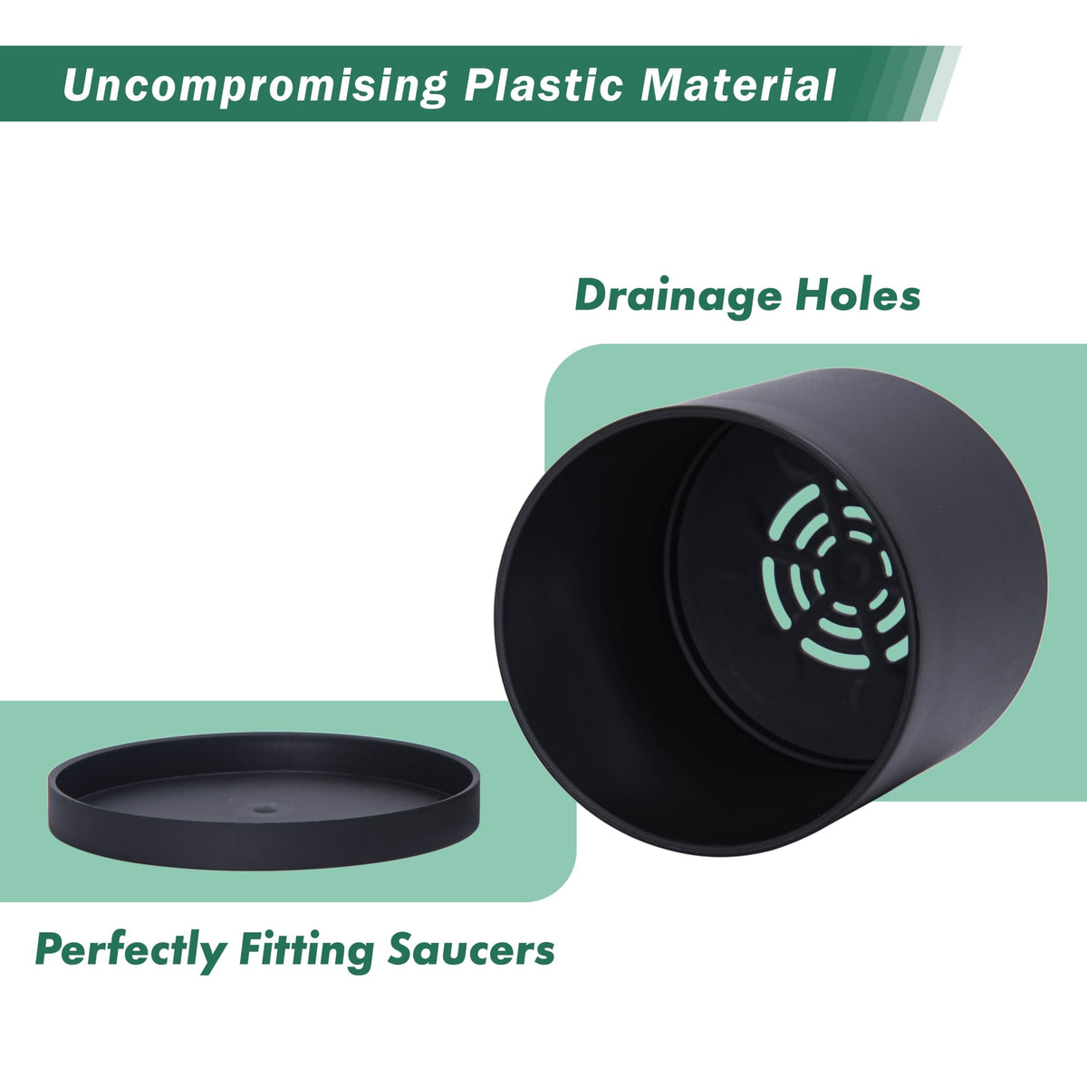 D'vine Dev 4 Pack 5 Inch Modern Plastic Plant Pots, Small Garden Planters for Plant with Drainage Holes and Saucers, Black Color, 74-Y-G-2