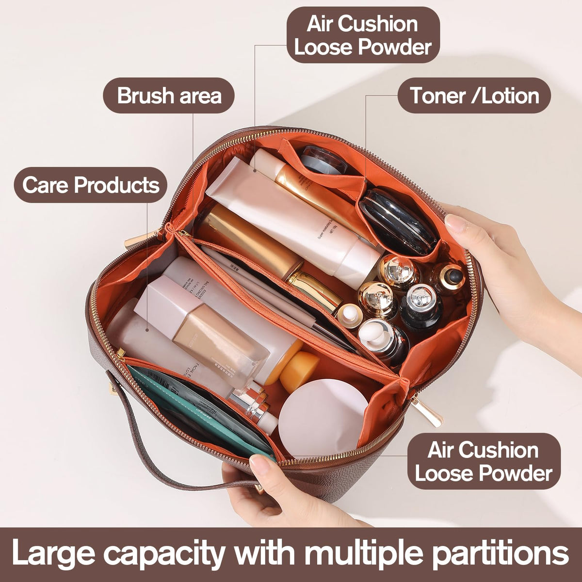 Cuteseason PU Leather Makeup Bag for Women, Structured Makeup Case with Wide Opening, Travel Cosmetic Bag with Compartments and Handle, Water-Resistant Makeup Organizer(Brown, Lychee Grain)