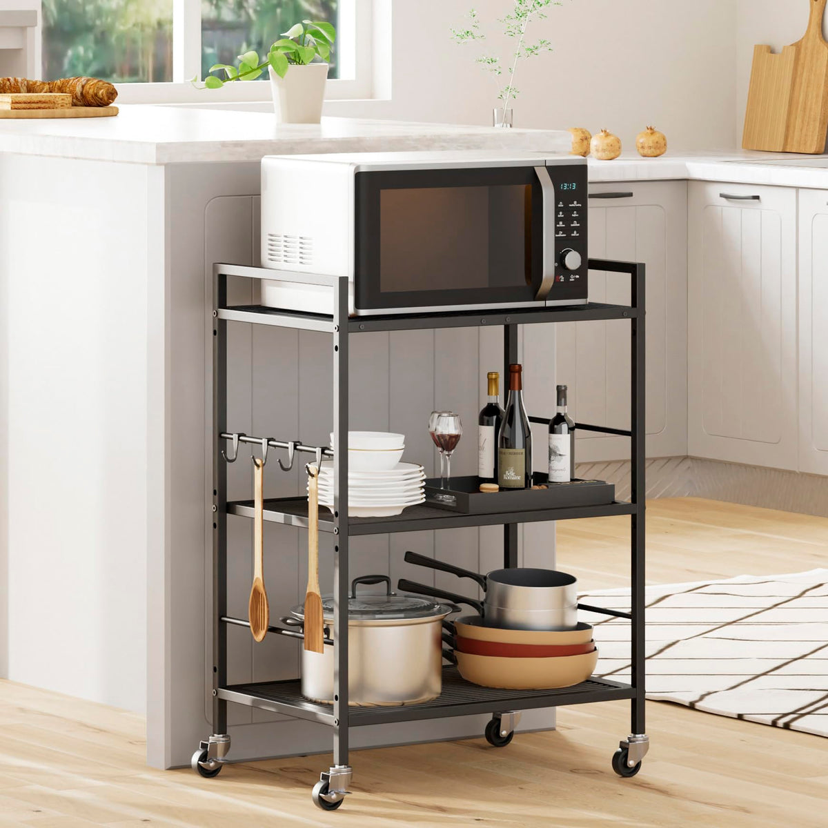 XIVIRACK 3-Tier Metal Storage Rack with Industrial Wheels,Mesh Shelving Unit with Wooden Table top,Adjustable Shelf,23.6-Inch Width,15.8-Inch Depth, for Kitchen, Laundry,Pantry,Plant,Black panel