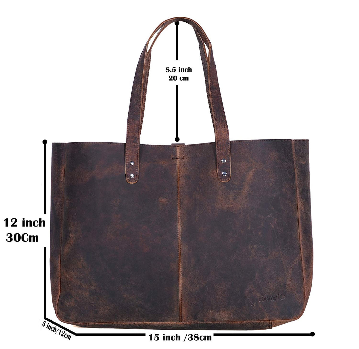 KomalC Leather Tote Bag for Women Purse Satchel Travel Bag shopping Carry Messenger Multipurpose Handbag (15 INCH, Buffalo Distressed Tan)