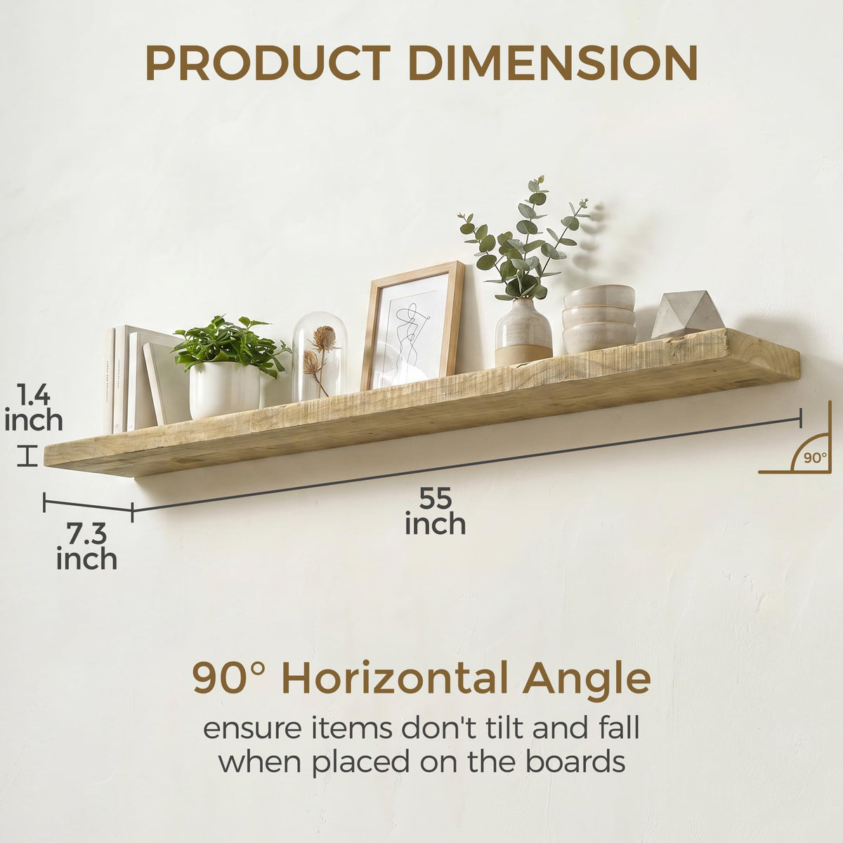 Axeman 55 Inch Rustic Wooden Floating Shelves for Wall|Solid Reclaimed Wood Wall Mounted Shelves with Invisible Brackets for Books Bathroom Kitchen Storage|8 Inch Deep|1 Pack, Natural