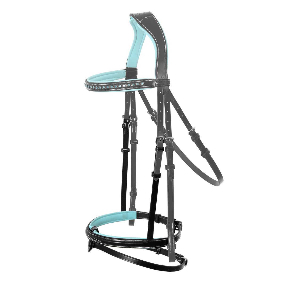 ExionPro Anatomical English Horse Bridle with Blue Crystal Bling Browband- Baby Blue Padded Jumping Bridle with Flash Noseband & Rubber Reins- Comfort Crown - Black or Havana Brown - Full
