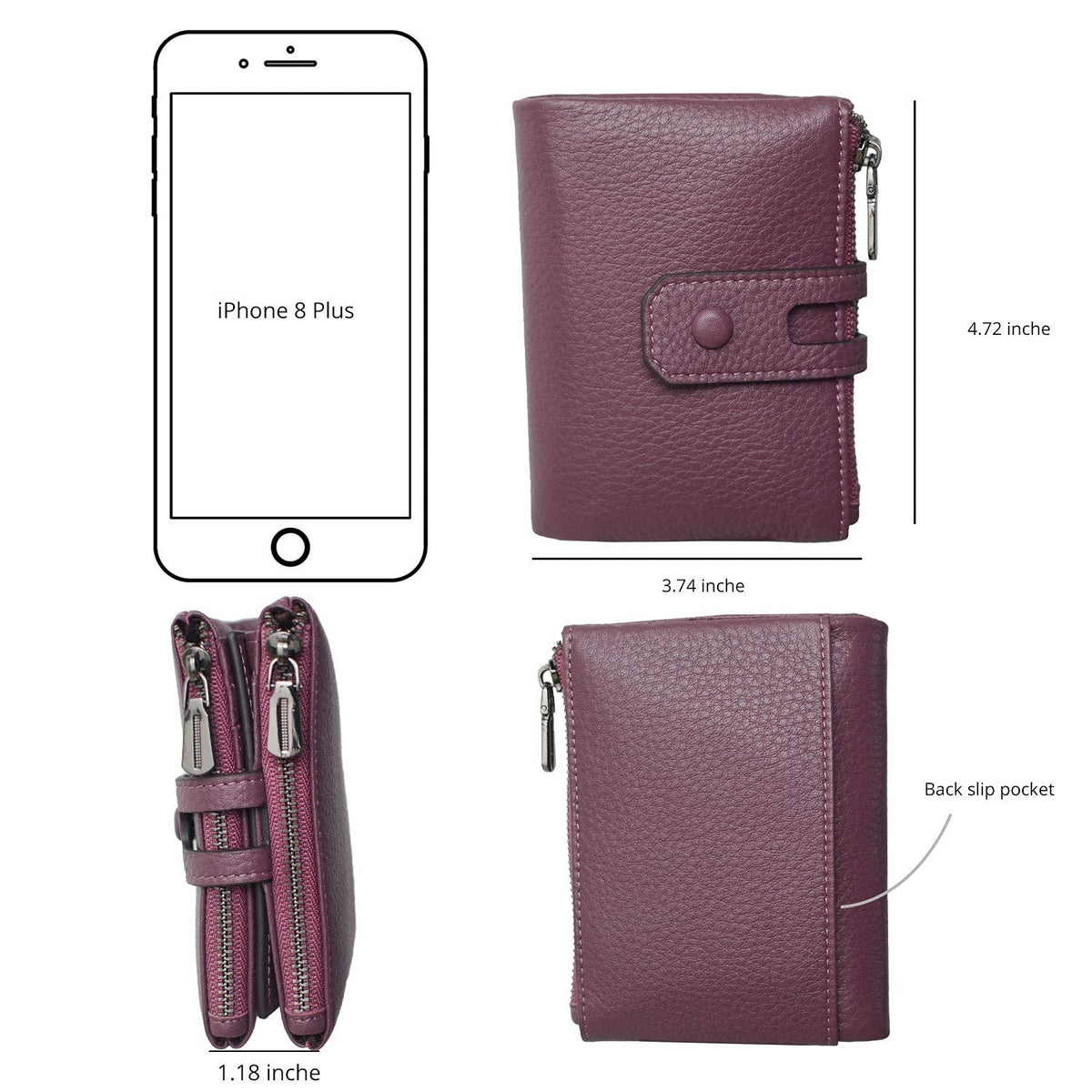 Bveyzi Small Soft Leather Wallet for Women RFID Blocking Ladies Card Holder with Double Zipper Pocket (Deep Plum)