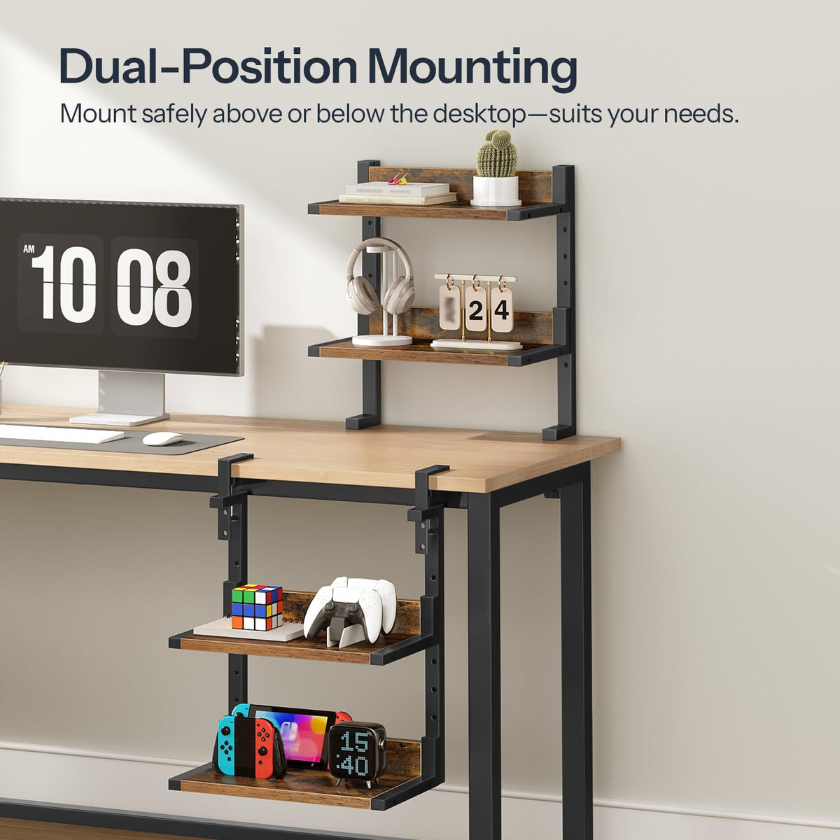 HOOBRO Clamp On Desk Shelf, 2-Tier Desktop Organizer, Space-Saving Desk Shelf with Adjustable Shelves, for Office, Study, Entertainment Accessories, Rustic Brown and Black BF32SJ01