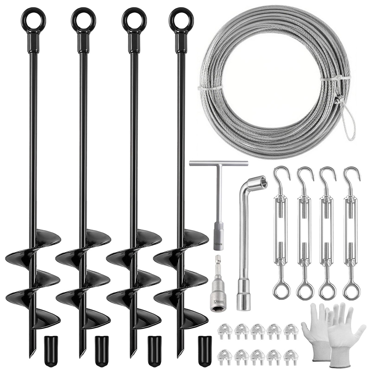 Fabulas 4 Pack 18" Ground Anchors Shed Anchor Kit with 50ft Galvanized Cable & 4 Pack Turnbuckles, Heavy Duty Ground Anchor Screw in Spiral Auger Earth Stakes for Shed Trampoline Swing Set Mobile Home