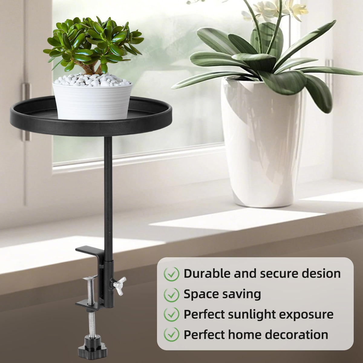 2Pack Window Plant Shelves Stand Holder 7.9inch Adjustable Windowsill Clamp Tray Round Metal Windowsill Extension Tray Window Planter Floating Shelf for Plants for Indoor Plants Home Decor, Black