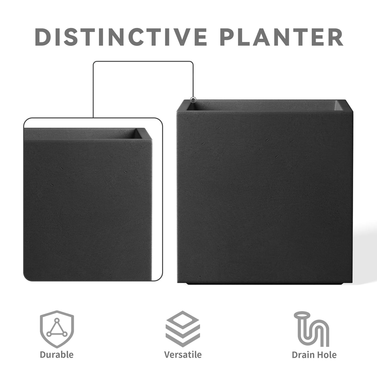 Kante 10 Inch Square Concrete Planter for Outdoor Indoor Home Patio Garden, Large Plant Pot with Drainage Hole and Rubber Plug, Black
