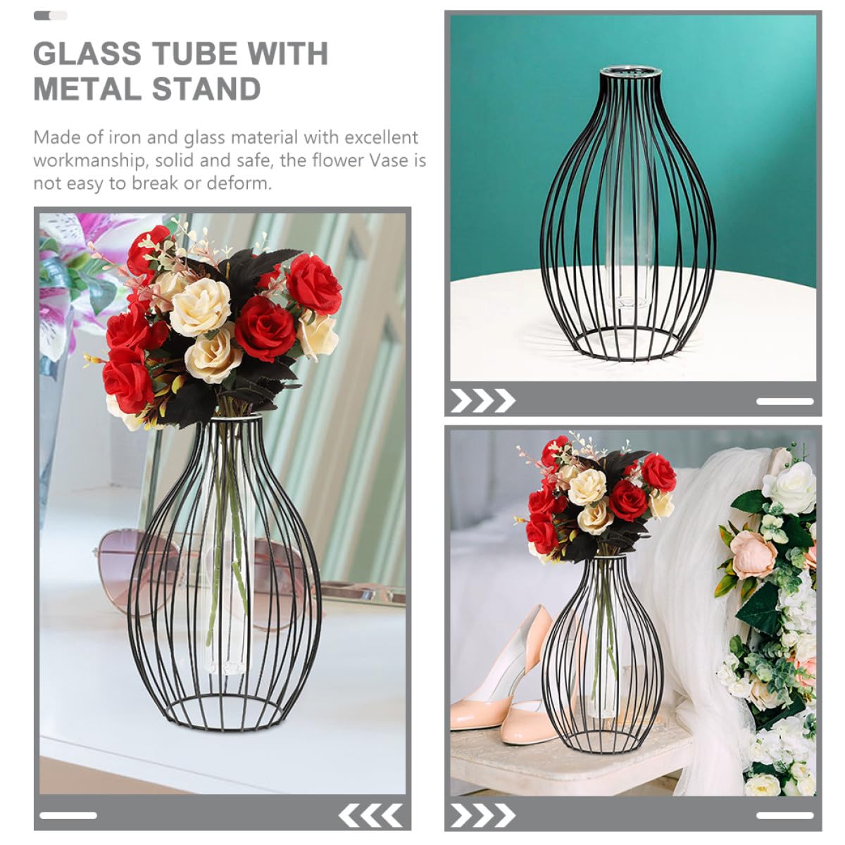 PACKOVE Iron Frame Vase and Glass Propagation Station with Geometric Metal Stand, Hydroponic Plant Holder for Nordic Home Décor, Tabletop Flower Terrarium for Indoor Gardening