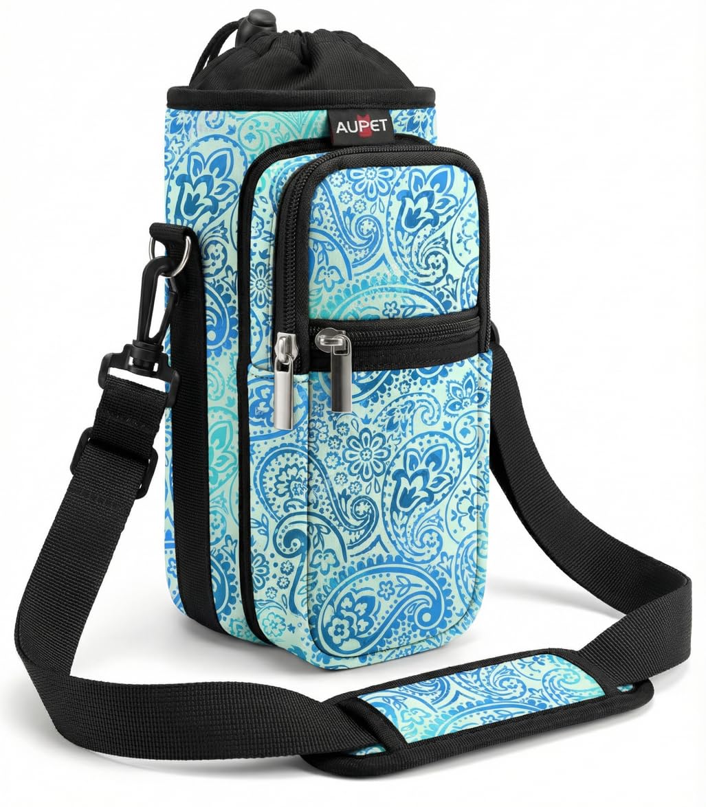 AUPET Water Bottle Sling Bag Sleeve Holder Carrier 25/32/40/64 oz,Insulated Crossbody Water Bottle Case Cover with Strap and Pockets for Men/Women Walking Hiking Camping (25oz, blue feather)
