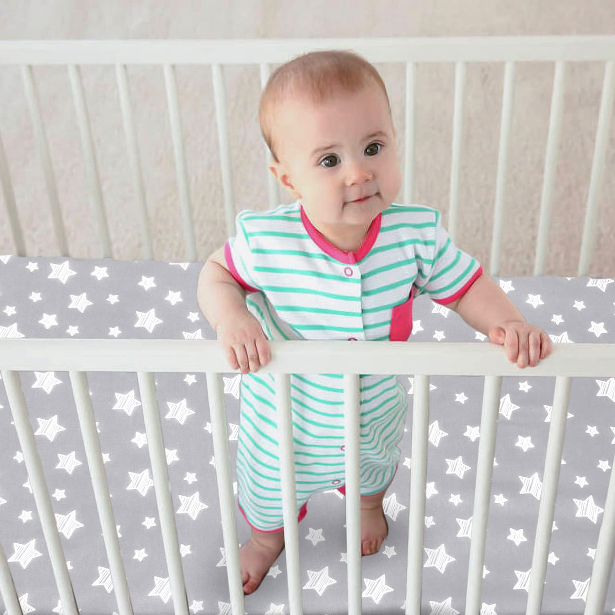 Pack and Play Sheets, 4 Pack Mini Crib Sheets, Stretchy Pack n Play Playard Fitted Sheet, Compatible with Graco Pack n Play, Soft and Breathable Material, Grey