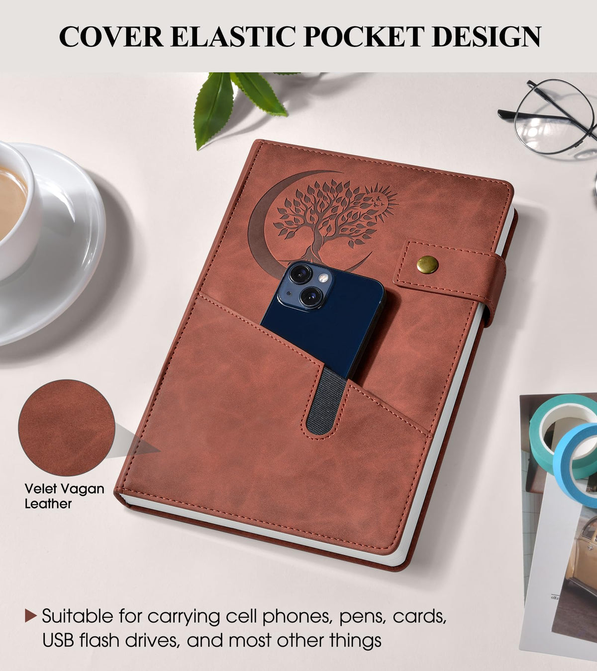 PAIBAS A5 Leather Lined Journal Notebook, 5.9"x8.4" 366 Pages 100GSM College Ruled Hardcover Diary with 3 Ribbon Bookmarks, Brass Snap & Front Pocket, Journals for Writing Work Travel Men Women