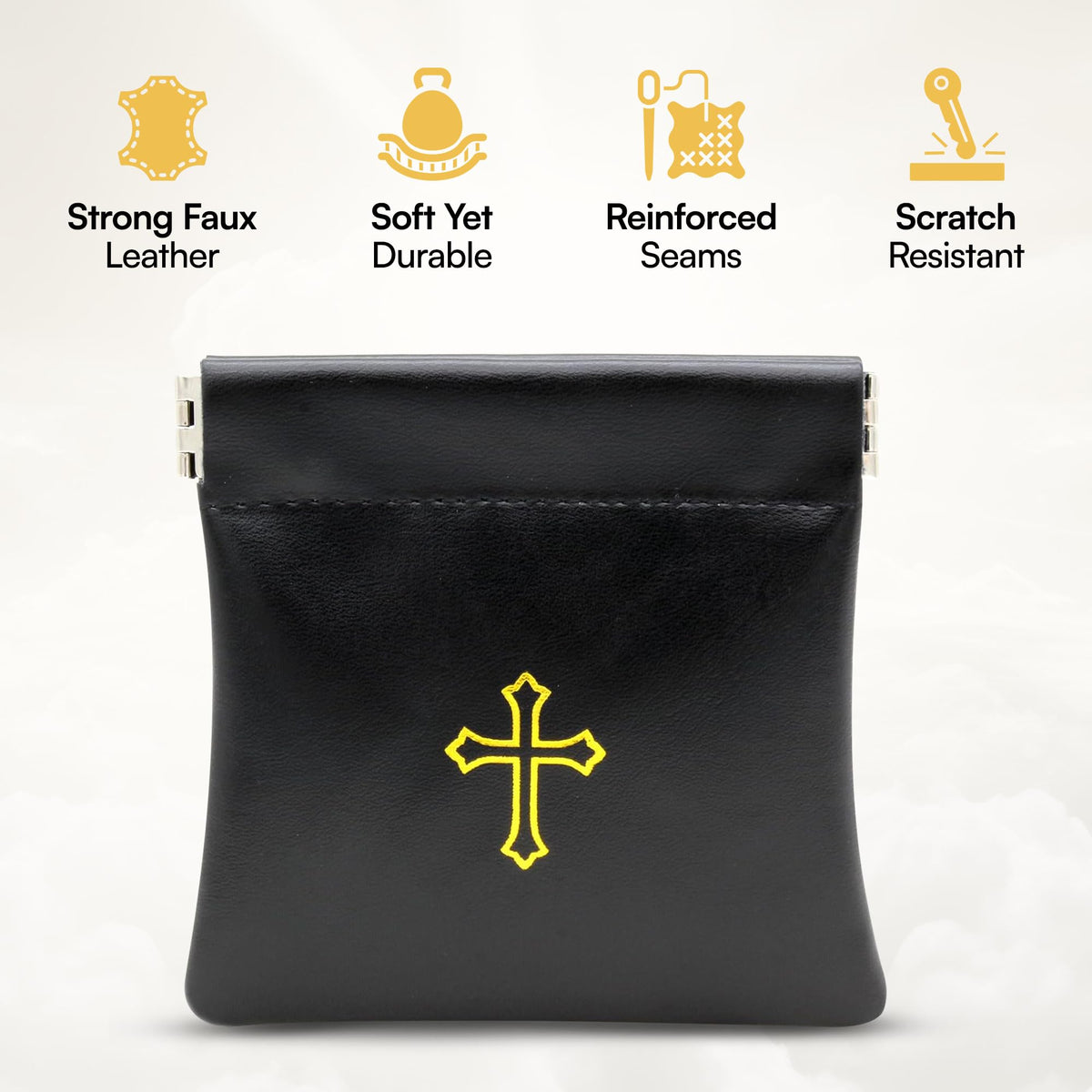Squeeze-Top Faux Leather Rosary Pouch - Compact White Case for Rosary Beads with Cross Imprint - Keeps Prayer Beads Protected for Travel - Fits Easily in Purse, Pocket, Car, Retreats & Church Use