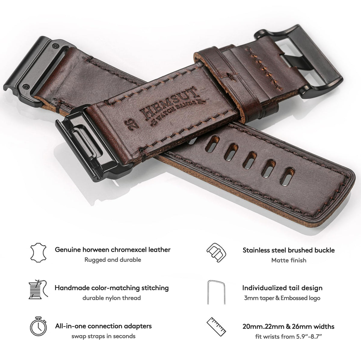 Compatible with Fenix Fenix 8 51mm, 5X Plus Bands Fenix 7X Sport Horween Leather Replacement Watch Strap for Garmin Fenix 5X/Fenix 5X Plus/Fenix 6X/Fenix 6X Pro/Fenix 3/HR/Descent MK1/D2 Delta PX/D2 Charlie…