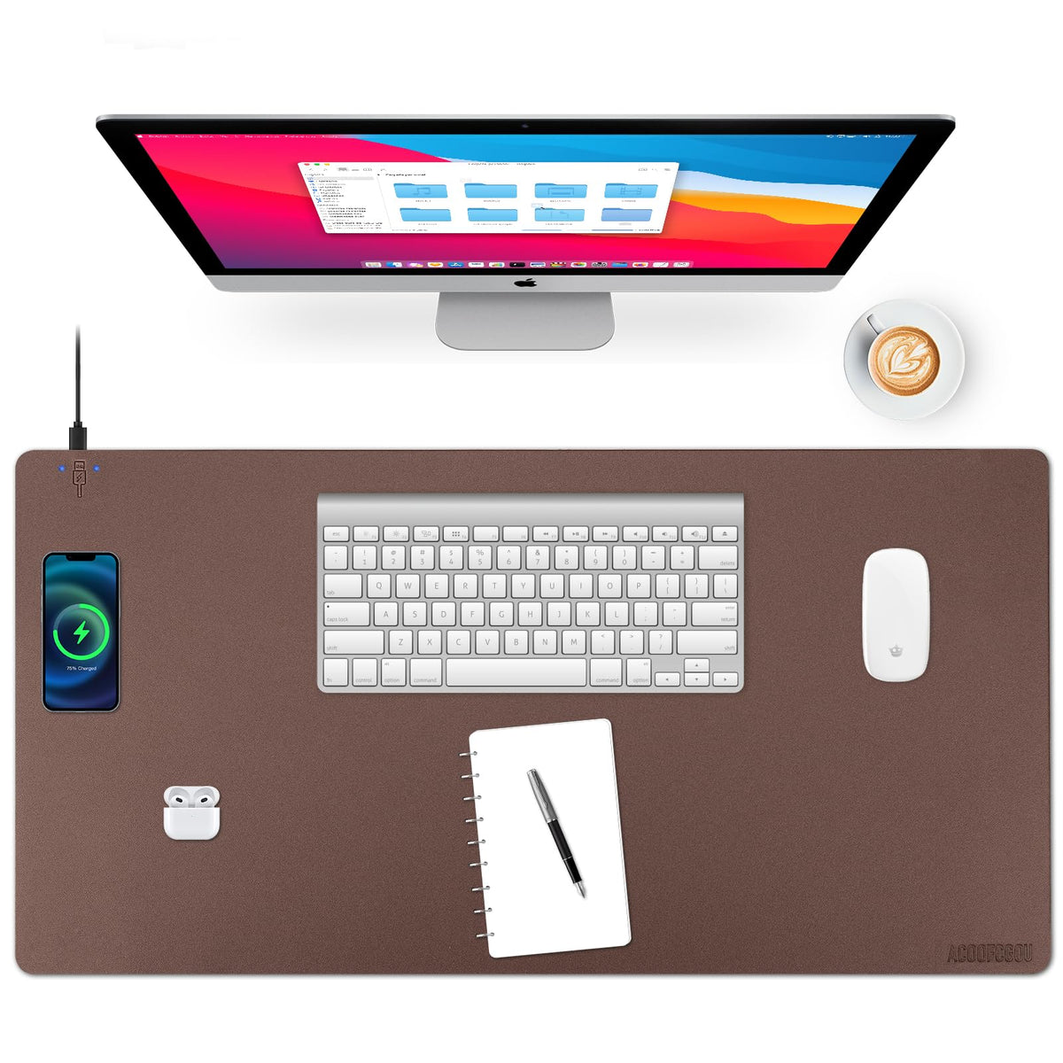 Wireless Charging Desk Mat with Desk Pad for Desktop Charging Large Mouse Pad Waterproof Leather Computer Mat Mouse Pad Non-Slip Protector on Top of Desks for Keyboard and Mouse (brown-l, 32*16inch)