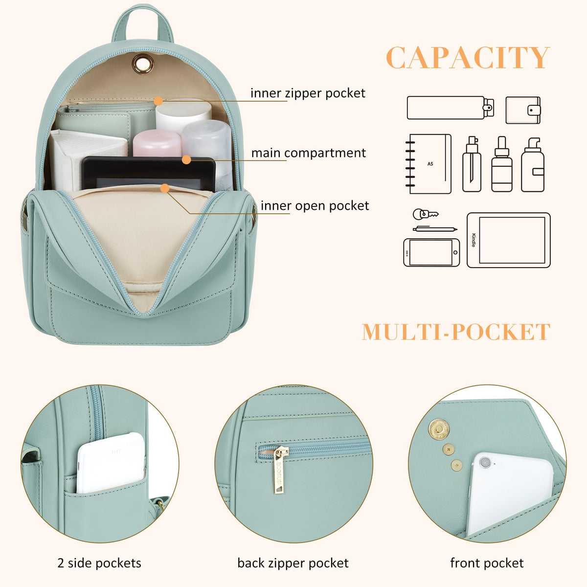 ECOSUSI Mini Backpack for Women Girls Cute Bowknot Small Backpack Purse Ladies Leather Bookbag Satchel Bag, with Charm Tassel Green