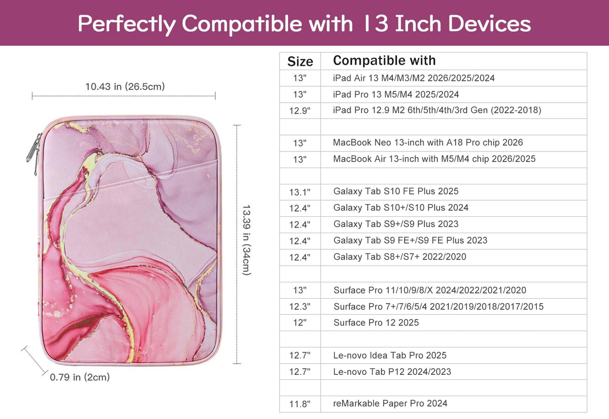 Dadanism 13Inch Tablet Sleeve Bag Carrying Case for iPad Pro 13" M5/M4 2025/2024, iPad Air 13" M4/M3 2026/2025, iPad Pro 12.9", Galaxy Tab S10+/S9 FE+/S9+ 12.4", Remarkable Paper Pro 11.8",Cloudy Pink