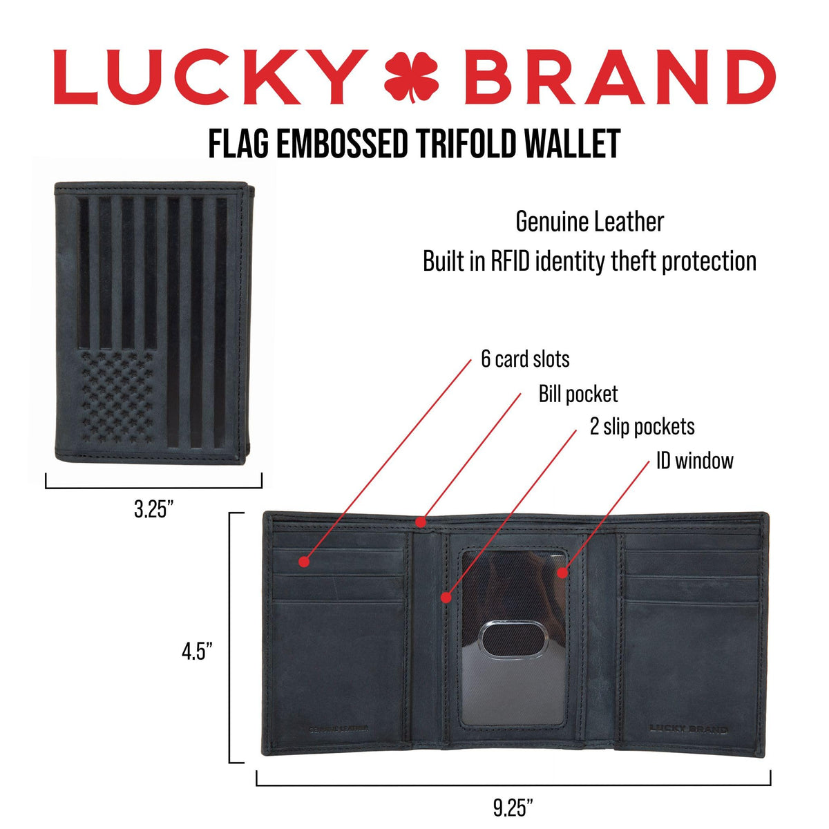 Lucky Brand American Flag Embossed Leather Trifold Wallet for Men with RFID Blocking, Tan