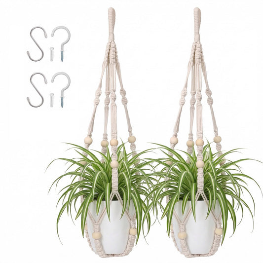 mivofo Macrame Plant Hanger 23", Set of 2 No Tassel Hanging Plant Holder Indoor, Sturdy Flower Pot Holder with 4 Hooks - Ivory (Pot NOT Included)