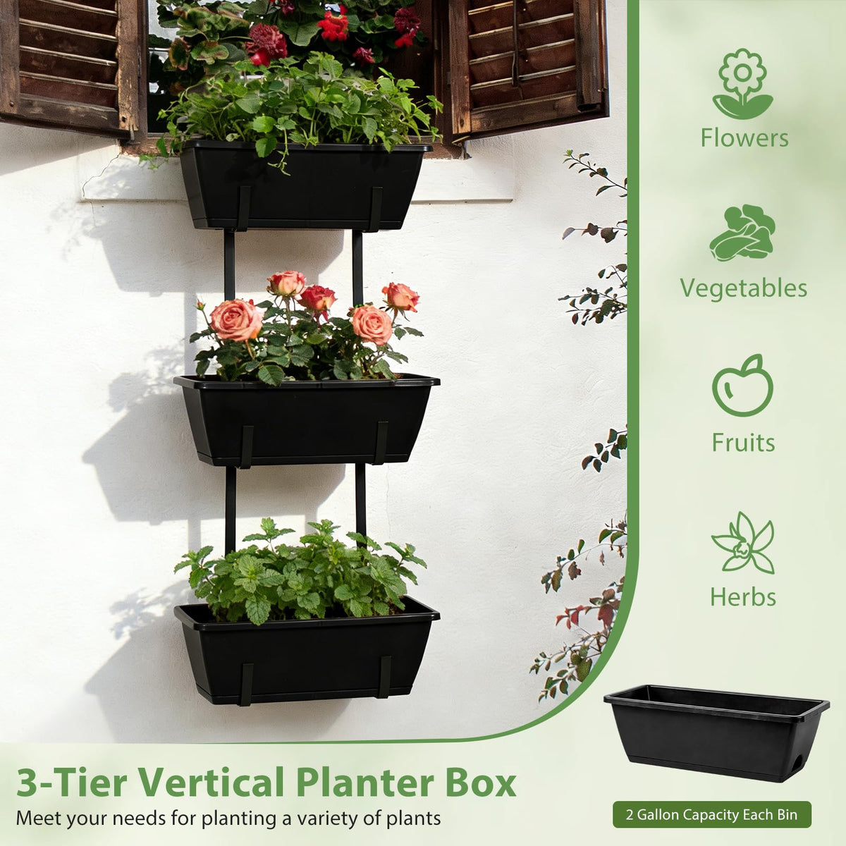 OYEAL Railing Planter Box 3 Tier Vertical Window Boxes Planter Outdoor with Adjustable Brackets & Rectangular Flower Pots Deck Railing Hanging Flower Pots for Patio, Lawn, Porch, Balcony Decor, Black