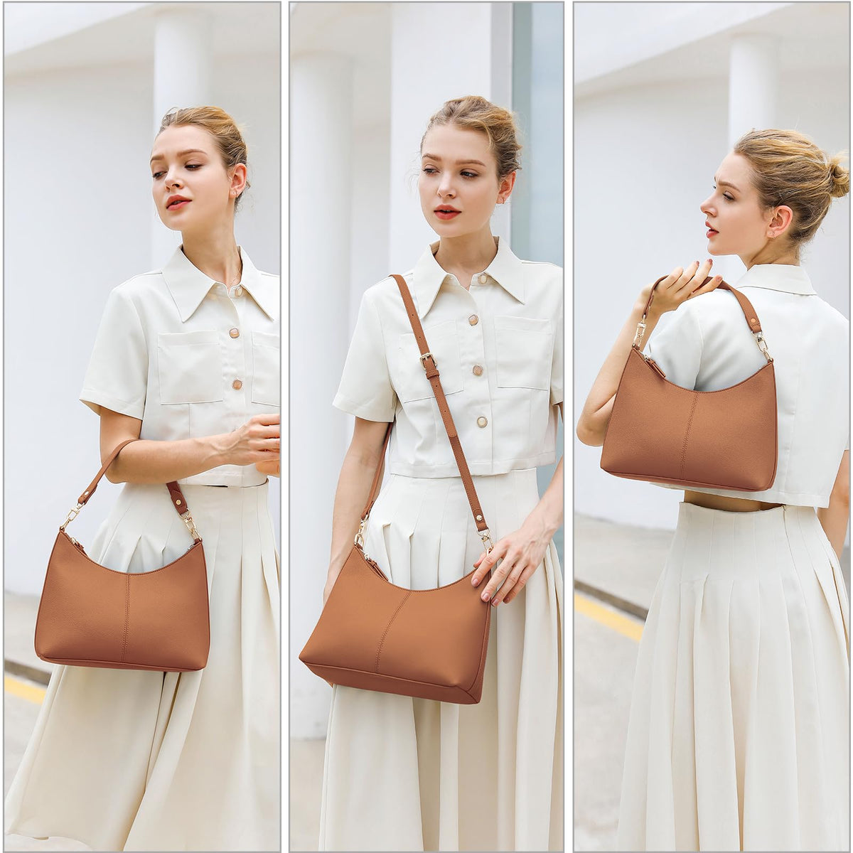 Keyli shoulder bag for women Small Tote Handbags Purse Trendy Zip Leather Crossbody Bags with Adjustable Strap Brown