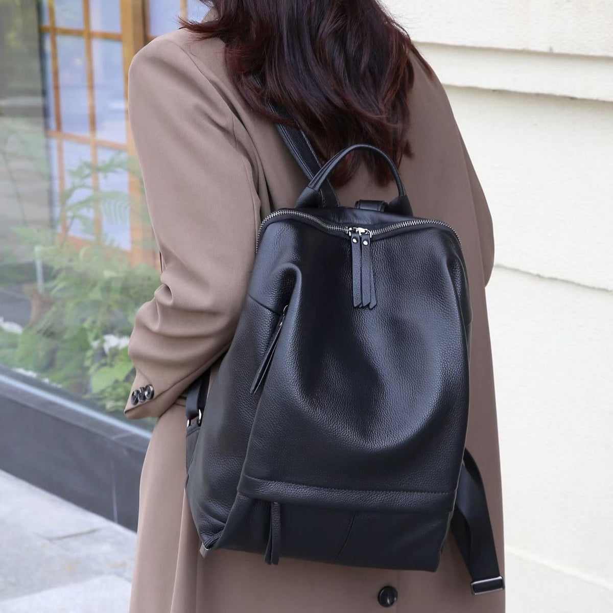 Wesccimo Genuine Leather Backpack Purse for Women, Fashion Designer Soft Backpack with Large Compartment Black