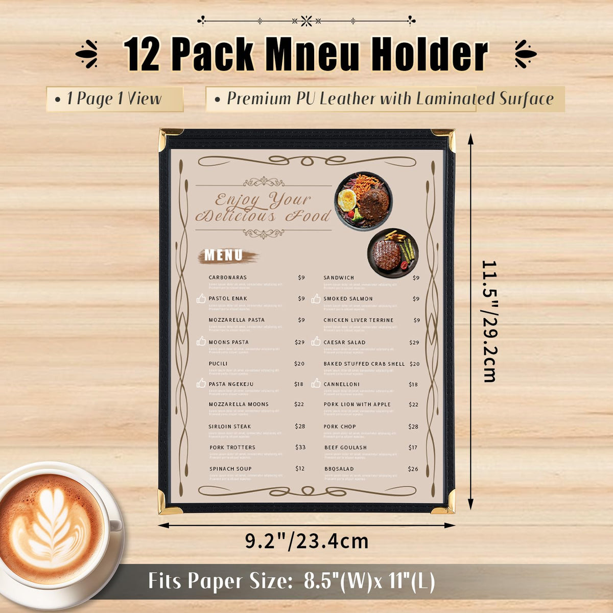 FLKQC Restaurant Menu Covers 8.5 x 11" with PVC Cover, 12 Pack Synthetic Leather Menu Holder Covers with Protective Layer, Book Style, Black, Perfect for Wine List, Laminated Menu Covers (12, 1 Page)