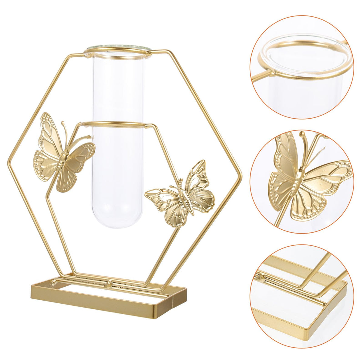 OSALADI Metal Framed Glass Plant Terrarium Vase with Butterfly Pattern, Hexagonal Decorative Flower Holder for Desktop Home Décor and Tabletop Display