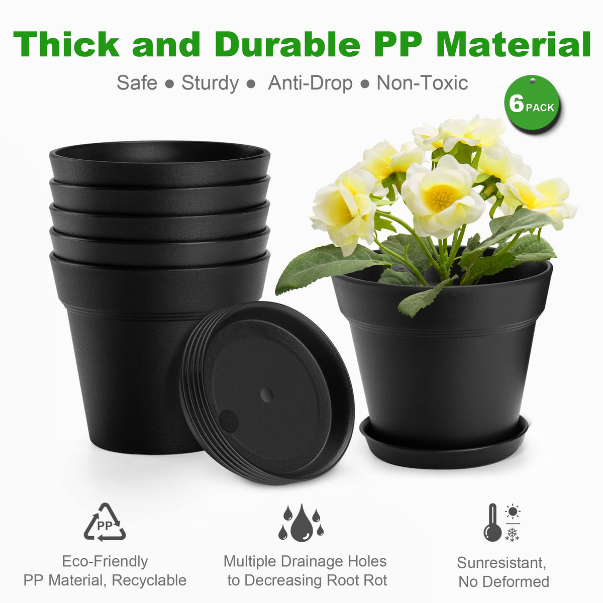 FHWTY 6 Pack 7in Plastic Plant Pots Black & 6 Pack 7in Plastic Plant Pots White