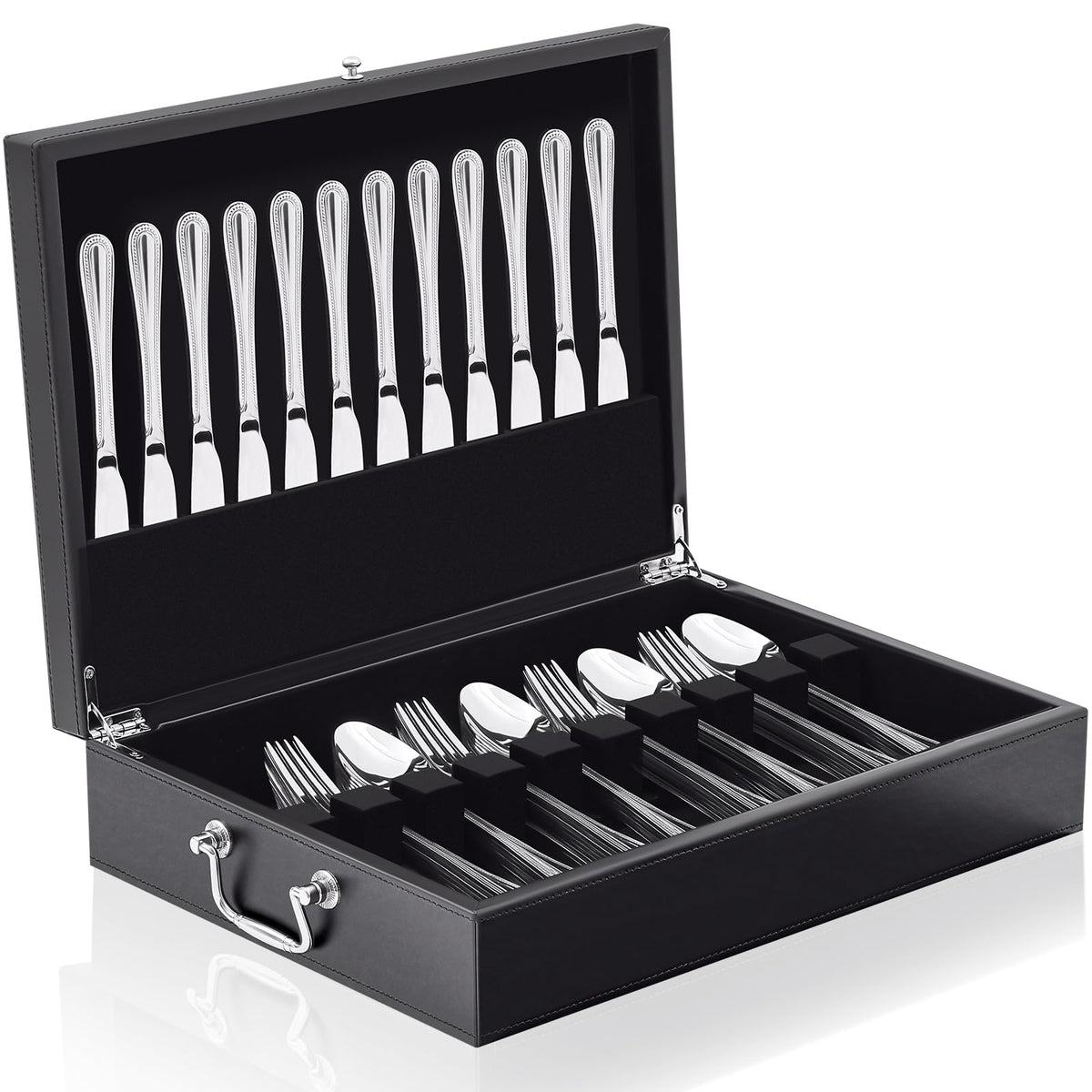 DoubleFill 1 Layer Leather Silverware Storage Box with Lid and Handles, Anti Tarnish Silverware Storage Chest Case with Felt-lined for 12 Sets of Utensils Flatware Gifts, 15.3x11.2x3.6 Inch