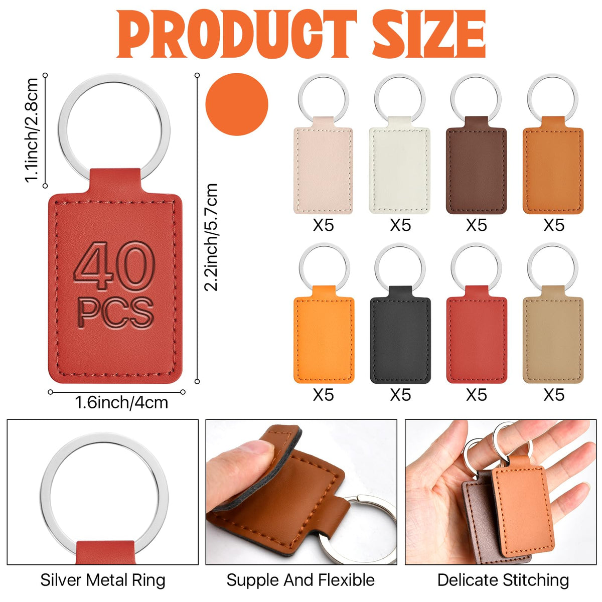 Aemygo 40 Pcs Leather Key Fob Kit, PU Leather Keychain Blanks with Key Rings, Rectangular PU Blanks Engraving Keychain Bulk for DIY Crafts, Laser Stamping