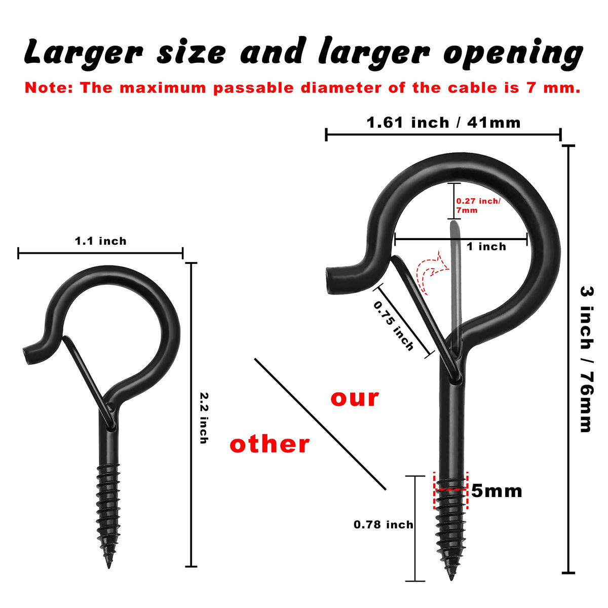 Ansxiy 20 PCS 3 inches Q-Hanger Hooks with Safety Buckle, Screw Hooks for Outdoor String Lights, Ceiling Hooks for Hanging Plants, Black