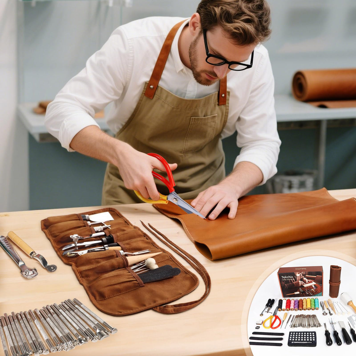 Leather Working Tools Craft Kit for Carving Stamping Sewing Punching Cutting with Storage Bag Professional Leather Tooling kit for DIY Crafting