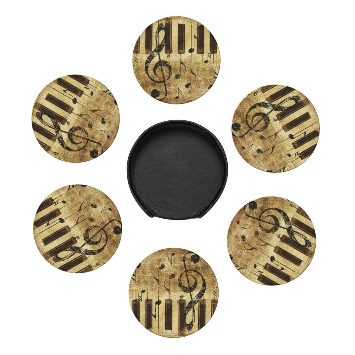 Famame 6 Pcs Leather Coasters for Drinks with Holder Grunge Retro Piano Music Notes Coaster Sets Drink Table Cup Coasters for Living Room Kitchen Coffee Decor